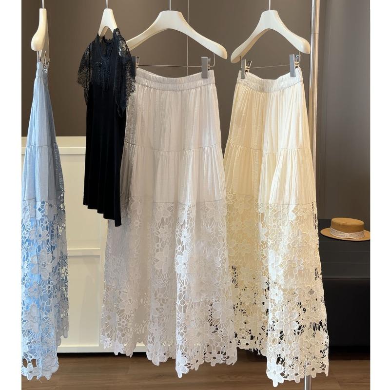 Lace Crochet A-Line Midi Skirt Hollow Patchwork Half Skirt Versatile Designer Women's Skirt JM2619
