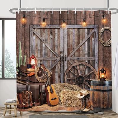 Country Barn Door Shower Curtain Farm Vintage Pattern Theme for Bathroom Bathtub Decoration Accessories Shower Curtain with Hook