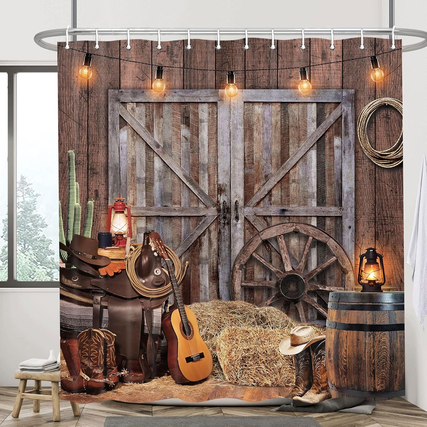 Baifenbai Home Furnishing Light Country Barn Door Shower Curtain Farm Vintage Pattern Theme For Bathroom Bathtub Decoration Accessories Shower Curtain With Hook