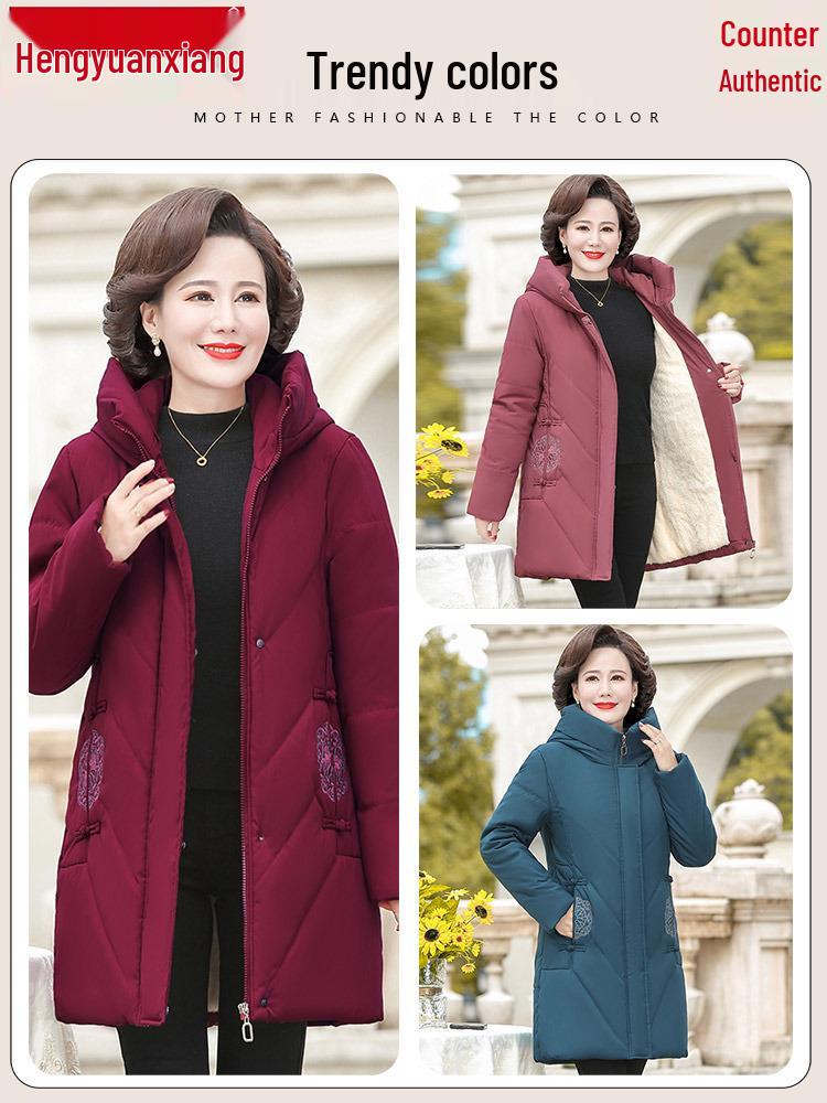 Red Mid-Length Winter Jacket for Middle-Aged and Elderly Women - Thick, Cotton-Padded, Suitable for Spring and Autumn