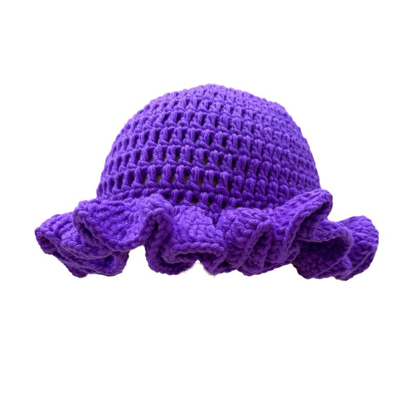 New Colorful Crochet Ruffle Brim Knit Bucket Hats Winter Woman Handmade Stretch Fisherman Cap Outdoor Warm Windproof Beanie Hat
