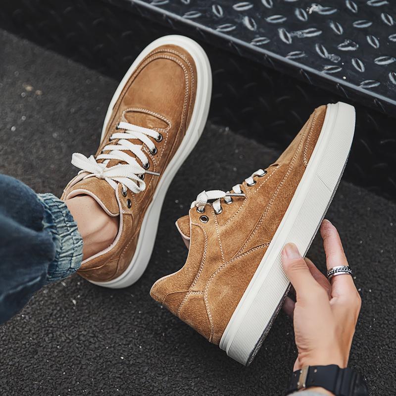 British Style High Top Shoes Men's Suede Shoes Thick Soled Casual Shoes Men's Hiking Shoes Lace Up Khaki Trendy Shoes
