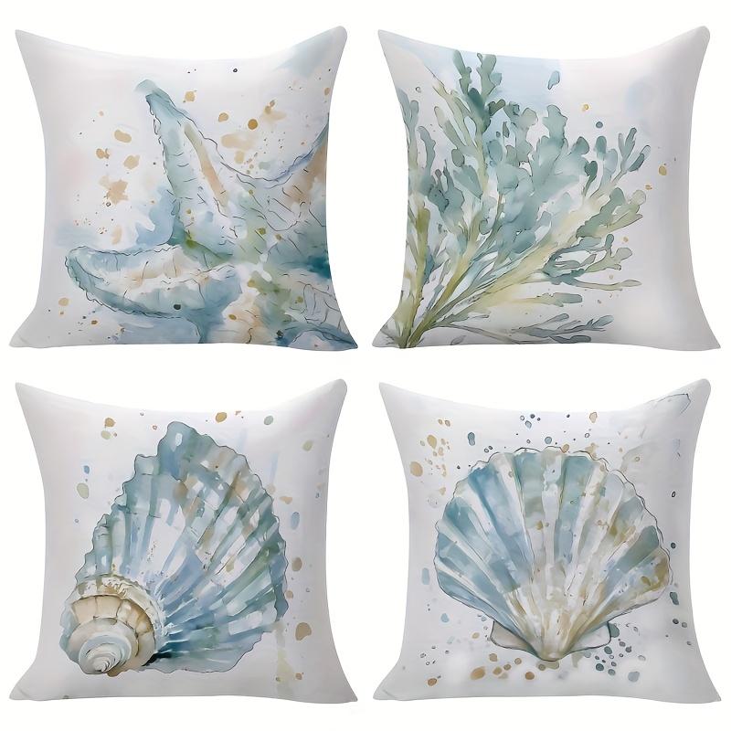 4 Stück Aquarell Meeresmotiv Kissenbezüge mit Muschel- und Seesternmuster, Frische Künstlerische Kissenbezüge in Drei Größen, Zweiseitiger Druck, Reißverschluss C
