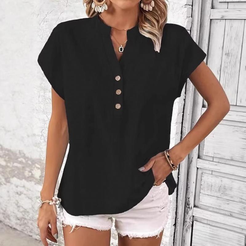 T-shirt da donna estiva 2026 nuova, elegante, casual, con bottoni finti, tinta unita, scollo a V
