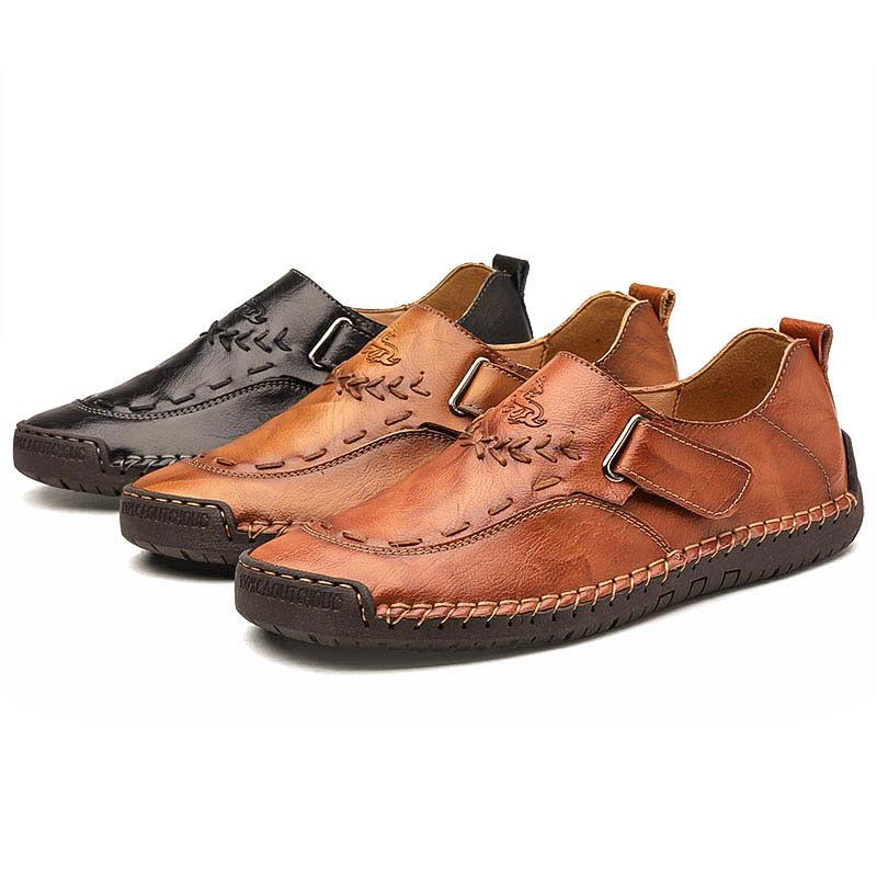 Men's Slip-On Comfortable Flat Bottom Leather Shoes Male Breathable Outdoor Casual Slip-Over Cowhide Walking Shoes Large Size