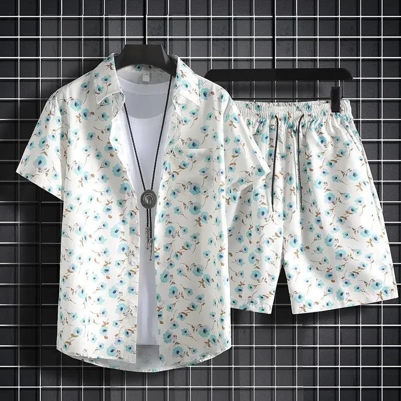 Modisches Herren Sommer Urlaubsstil Hawaiianische Kokosnuss Strand Aufdruck Lässiger Komfort Kurzarmhemd Strandshorts 2-teiliges Set