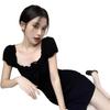 French square neck black short-sleeved dress women's summer waist a-word short skirt temperament slim hip skirt