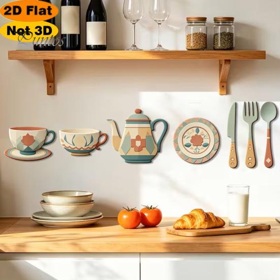 Soft Tone Kitchen Wall Stickers 7Pcs 2D Flat Wooden Decor, Retro Teapot Tableware Themed Vintage Pattern Art, Self?Adhesive Plaques for Dining Room