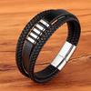 Fashion 3 Layers Black Punk Style Design Leather Bracelet for Men Stainless Steel Magnetic Button Birthday Gift Male Bracelets