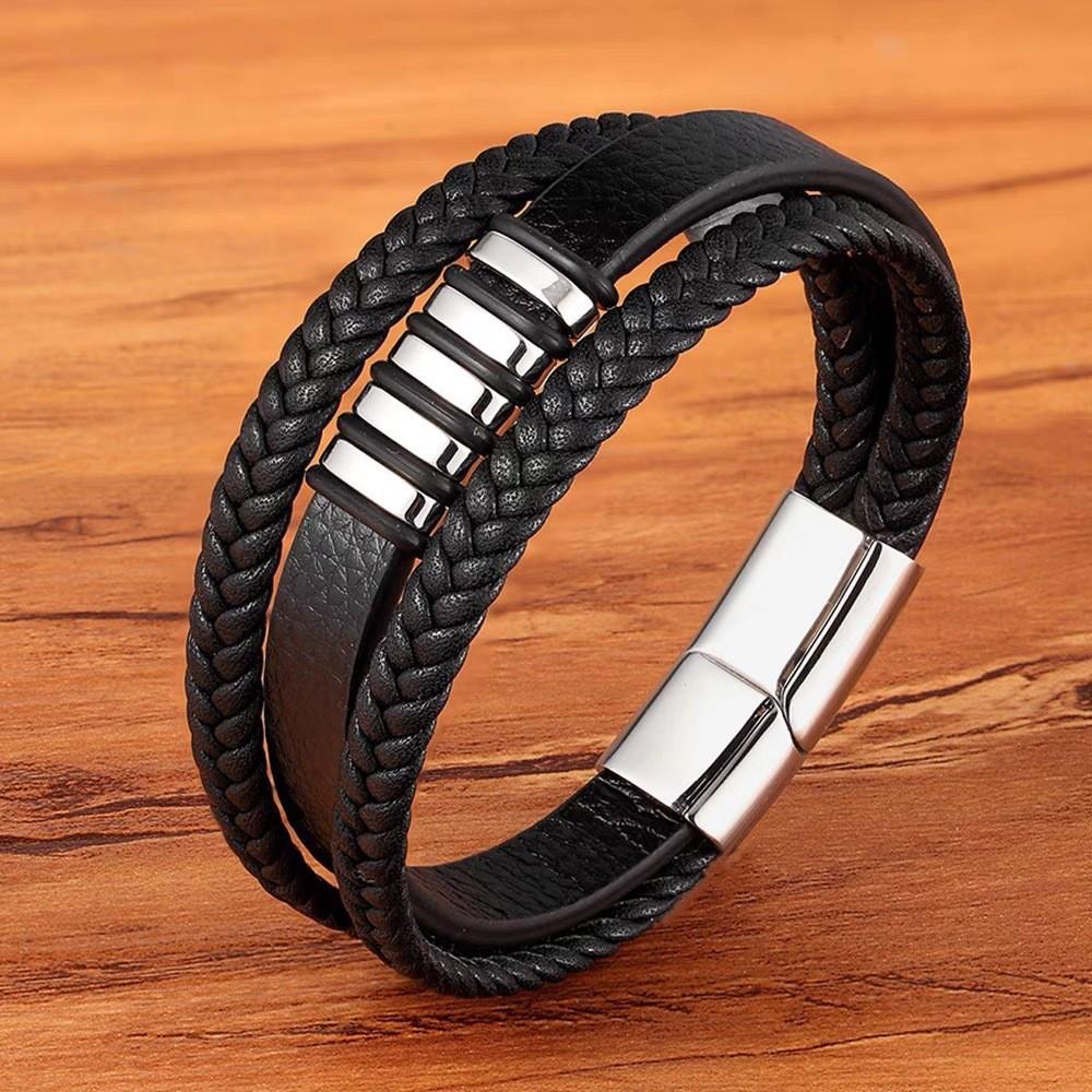 Fashion 3 Layers Black Punk Style Design Leather Bracelet for Men Stainless Steel Magnetic Button Birthday Gift Male Bracelets