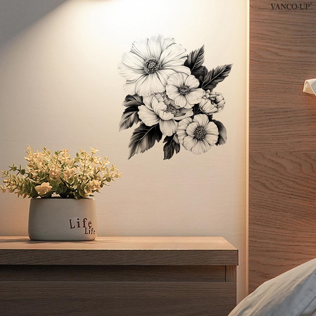 Black and White Floral Toilet Wall Stickers, Self-Adhesive Decals for Bathroom Bedroom Living Room Background Wall Decoration