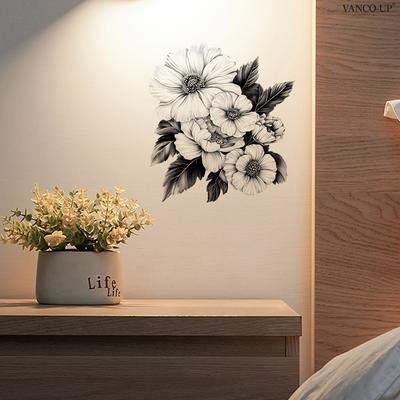 Black and White Floral Toilet Wall Stickers, Self-Adhesive Decals for Bathroom Bedroom Living Room Background Wall Decoration