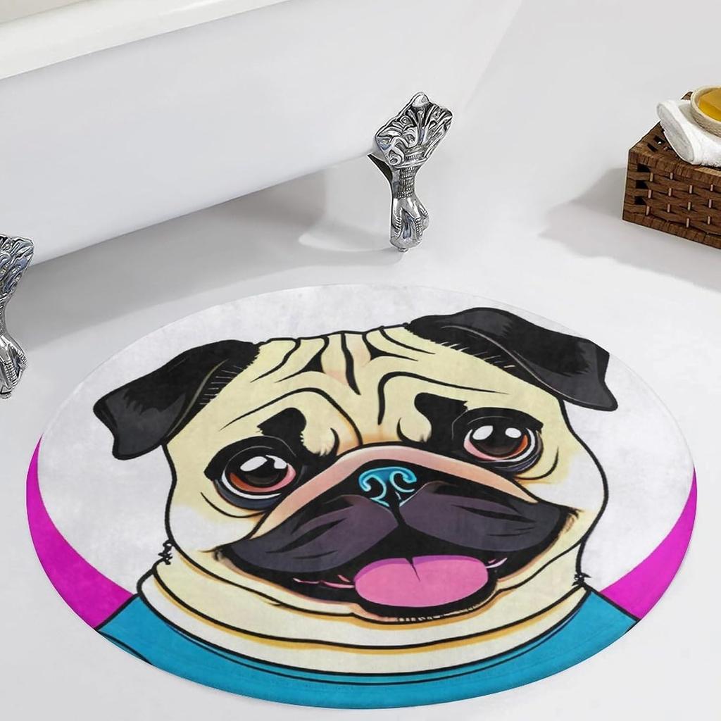 Funny Cartoon Pug Puppy Dog Round Rug Washable Area Rugs Indoor Circle Door Mat Soft Non-Slip Carpet for Living Room Bedroom