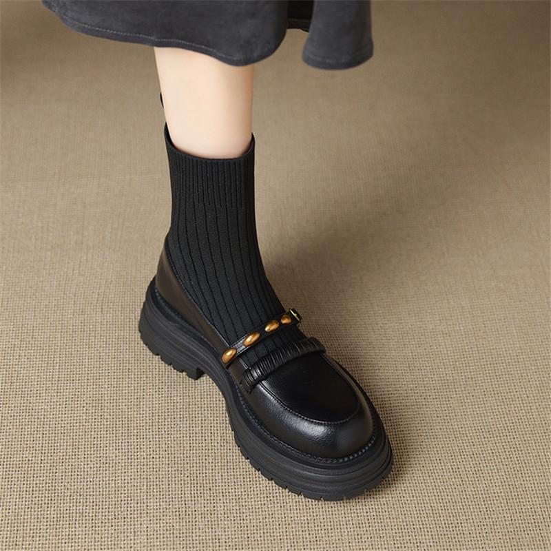 Fashion New Autumn/winter Split Leather Women Boots Round Toe Shoes for Women Fashion Skinny Boots Mid Heels Platform Chelsea Boots