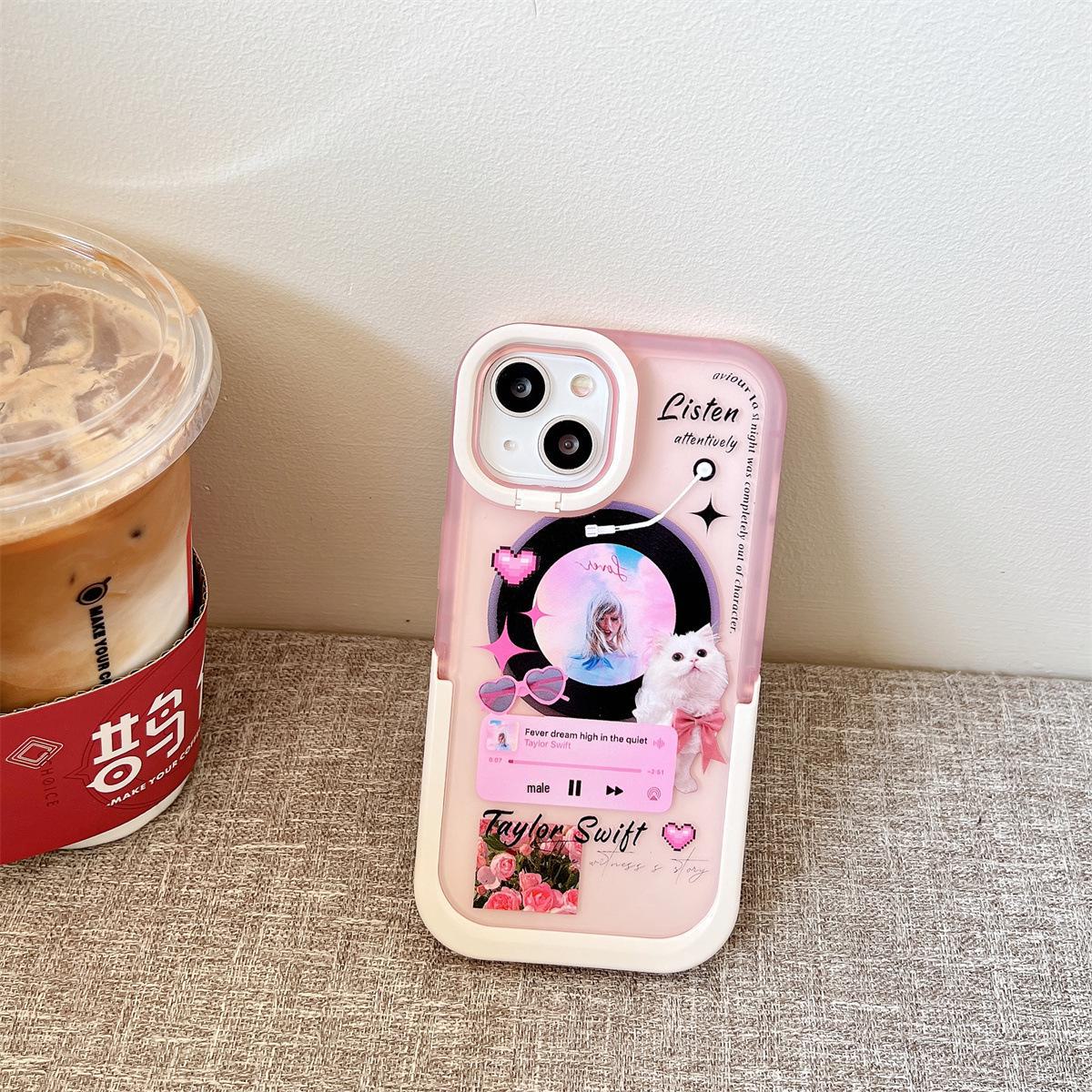 

Прозрачный чехол с рисунком кота и двойным креплением для iPhone 14 Pro iPhone 16 Pro Max розовый