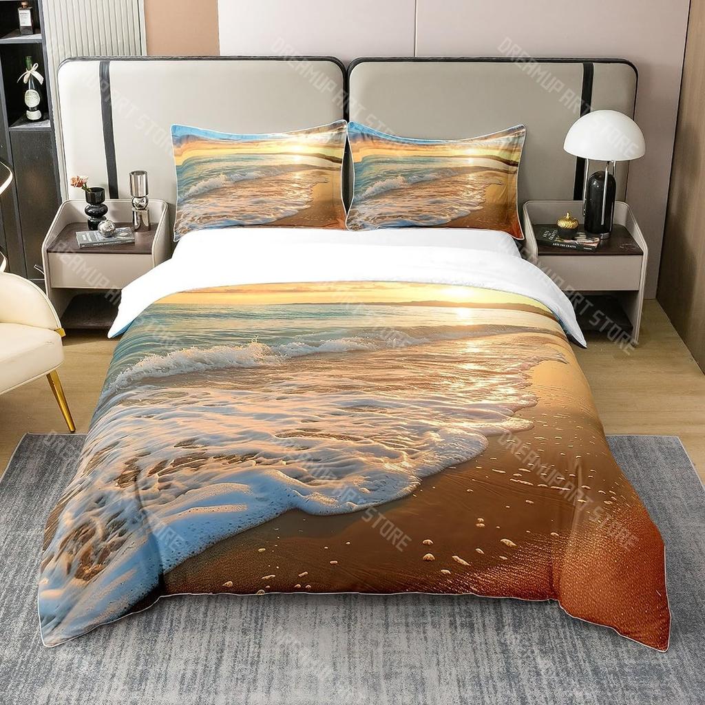 Bettwäsche-Set mit Strandthema King Queen Größe Ozeanwelle Sonnenuntergang Bettbezug Küsten-Nautik-Bettdeckenbezug Meereslandschaft Bettdeckenbezug
