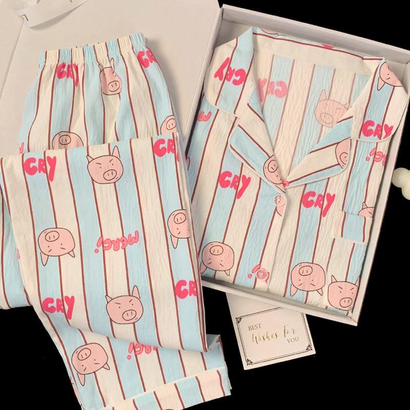 Polyamide Striped Pig Pajamas Women'S Spring And Autumn Cloud Cotton Long Sleeve Sweet Girl Loungewear