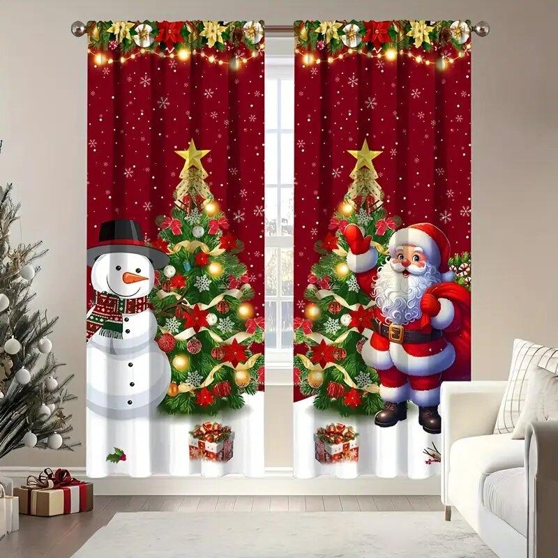 Set Of 2 Christmas Santa Claus Print Curtains Pole Bag Home Decoration Room Curtain Polyester