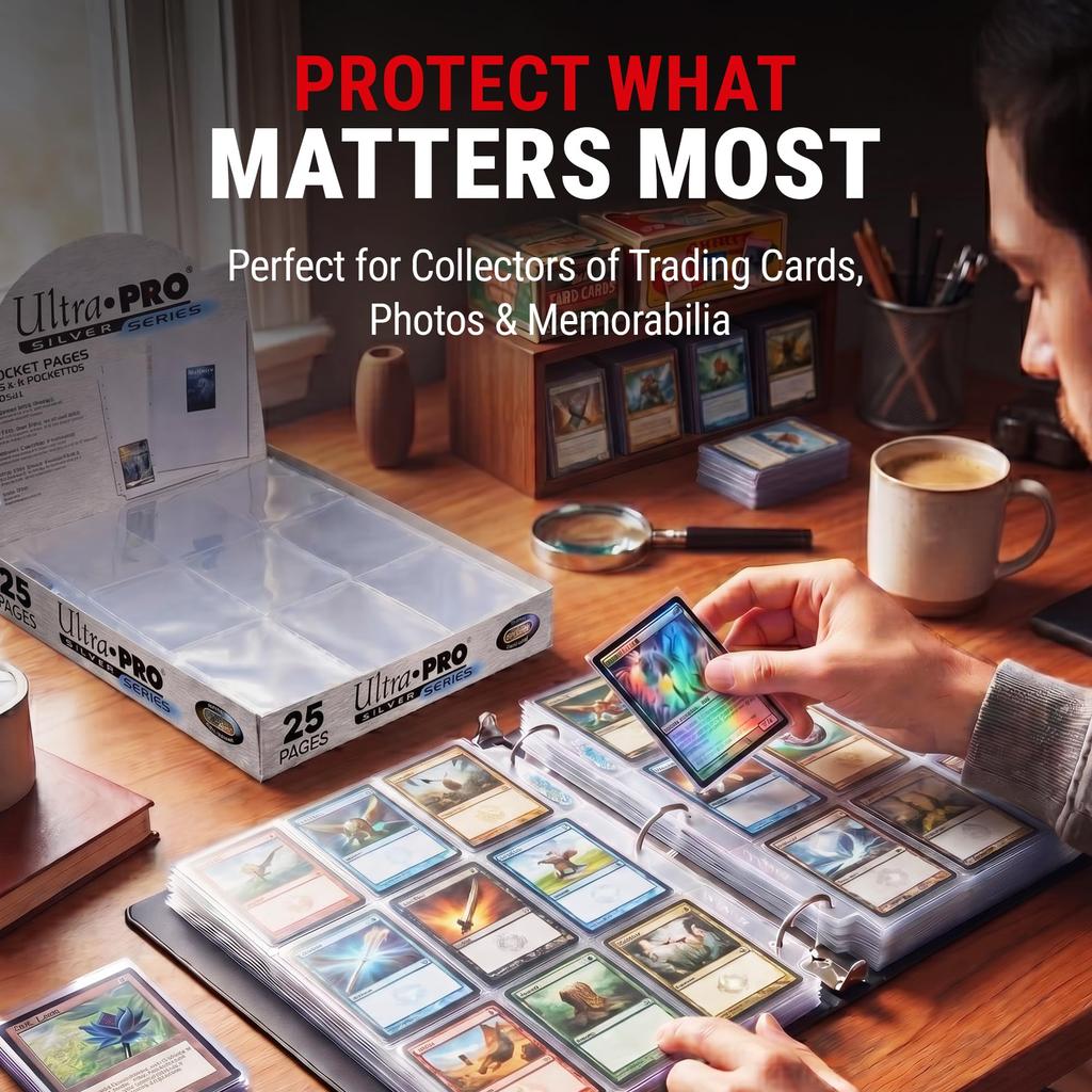 Ultra PRO - Silver Series 9-Pocket Trading Card Refill Pages, Standard Size, 3-Ring, High Durability, Non-PVC Material, Card Case Storage Sheets, 100-