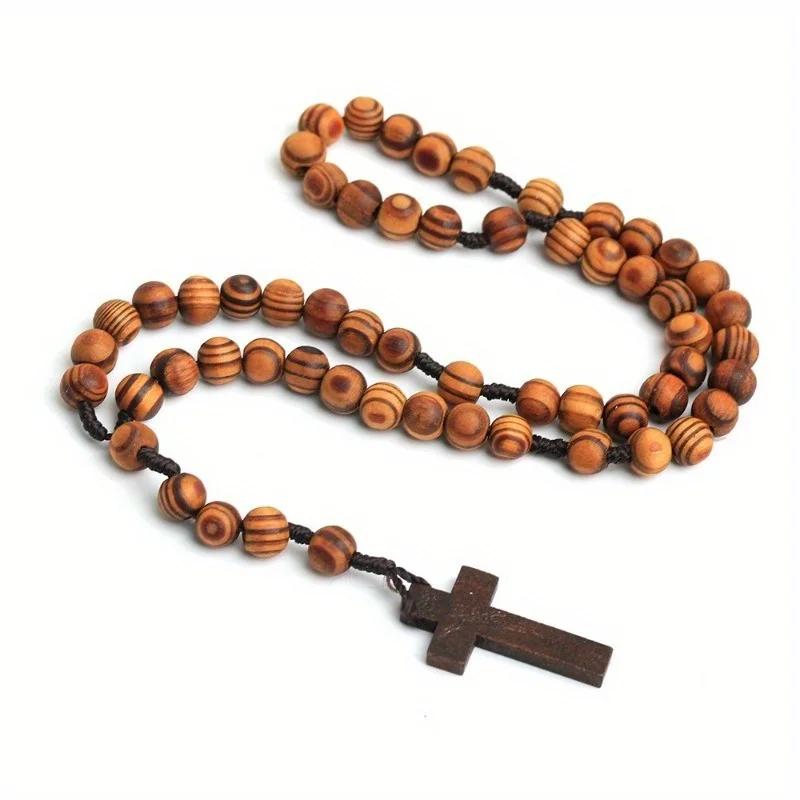 1pc Vintage Wood Rosary Beaded Jesus Cross Wooden Pendant Necklace for Women Men Fashion Religious Jewelry