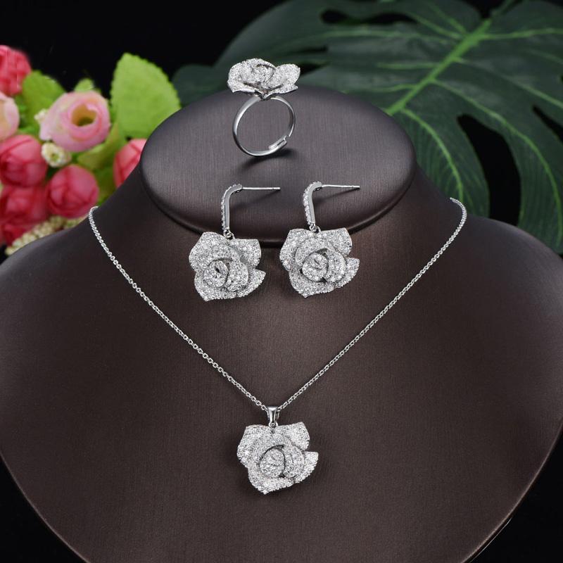 

WWJ 3PS геометрическое розовое золотое регулируемое кольцо с цветком циркония, ожерелье, наборы из 3 предметов белого золота