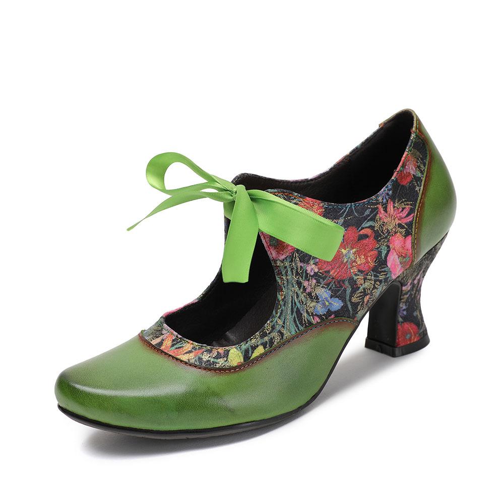 

Женские туфли-лодочки Johnature Ethnic Style Green Printed High Heels из натуральной кожи с острым носком и кружевной завязкой 36 зелёный