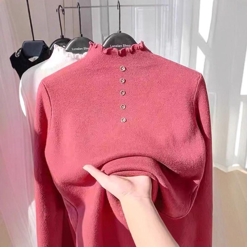 Fleece Sweater Women's Thick Fungus Edge Integrated Fleece Knitted Bottoming Shirt with Autumn and Winter Semi-turtleneck Thermal Top