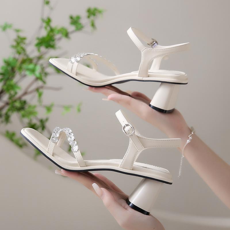 Buckle Sandals Women's 2025 Summer Fashion Versatile New Square Head Rhinestone Word with Sandals Comfortable 5CM Thick Heel