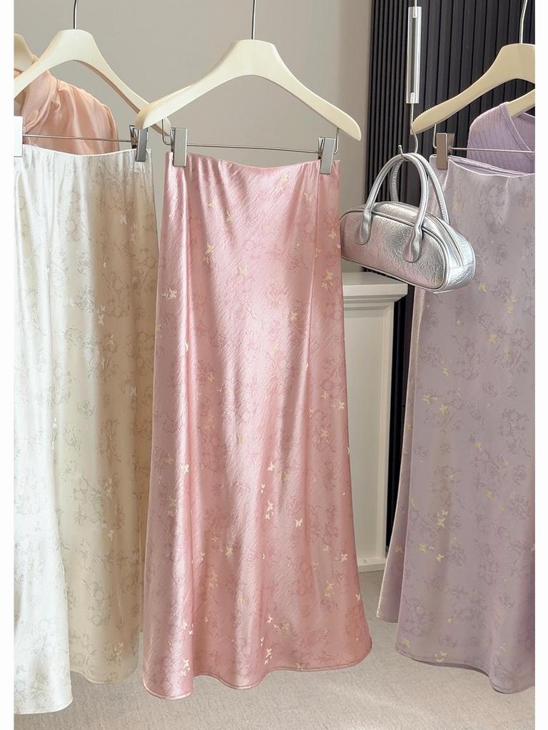 Retro High-Waist Silk Acetate A-line Butterfly Jacquard Fishtail Midi Skirt for Women