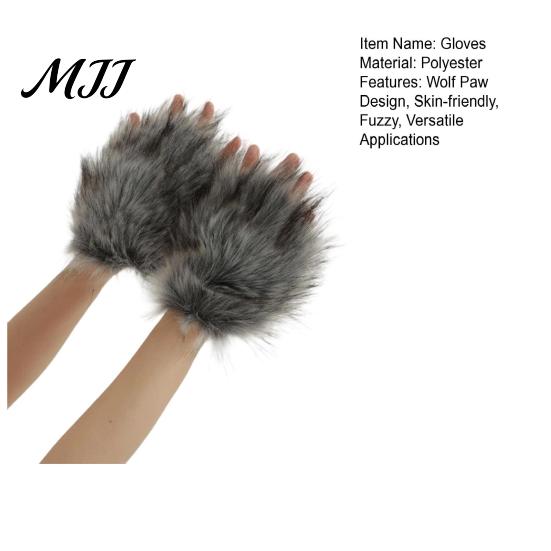 Wolf Paw Plush Gloves Fingerless Warm Fuzzy Animal Cosplay Hand Paws Faux Fur for Halloween Christmas Dress-Up Party Costume Skin-friendly Lining