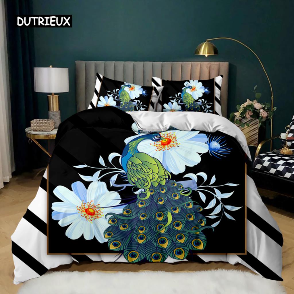 Set Husă Plapumă Păun Elegant Superb Albastru Pene Husă Plapumă Fete Femei Roz Flori Păsări Animal Poliester Husă Plapumă