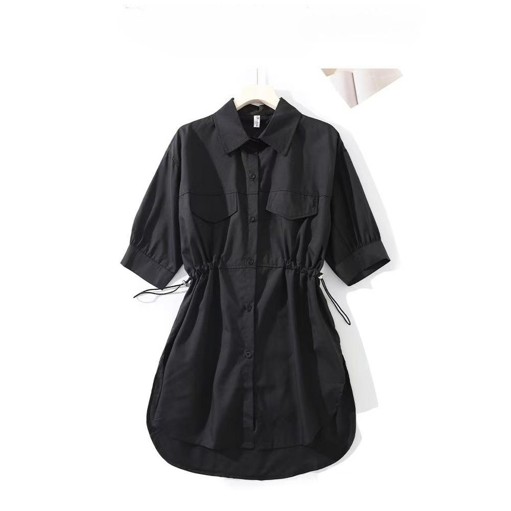 Summer Fashion Essential: Women's Mid-length Shirt Dress with Drawstring Waist and Flowy Hem, Casual and Chic