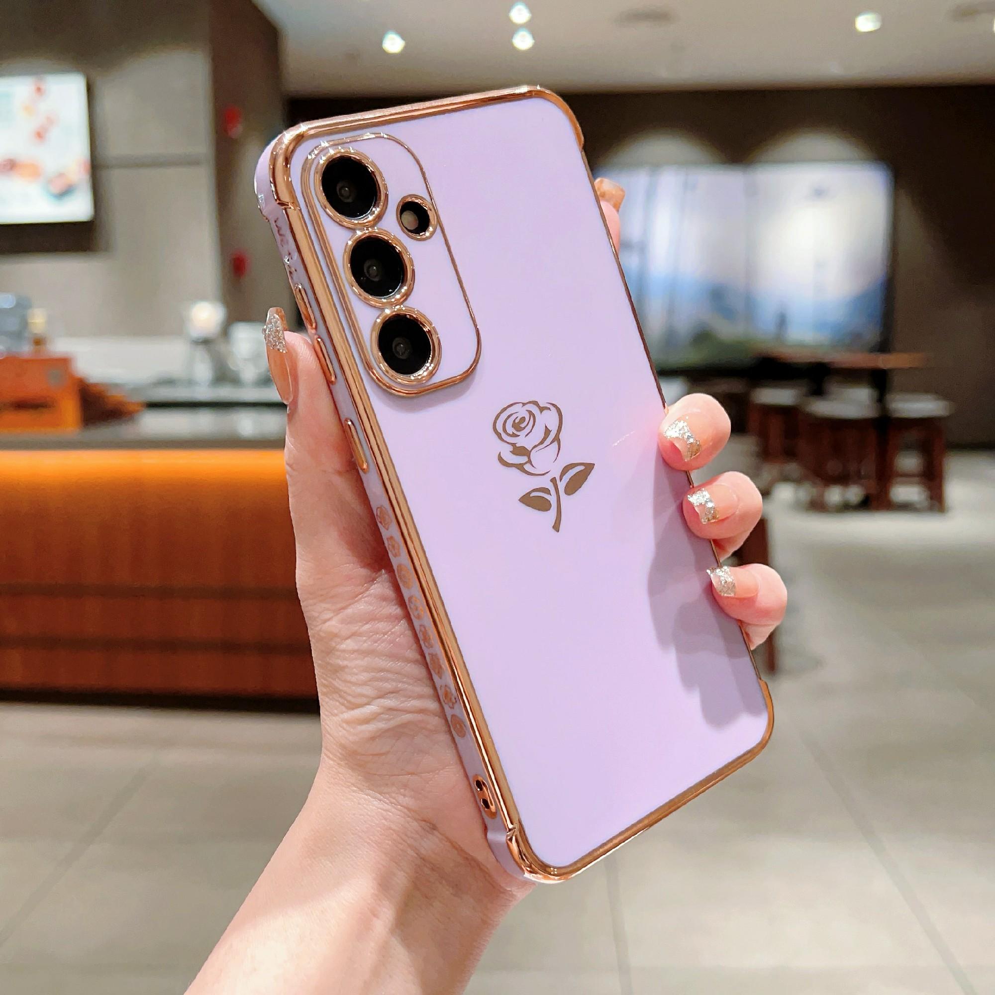 

For Samsung Galaxy A16 5G/A16 4G Case Electroplating Edge Rose Pattern TPU Phone Back Cover Airbag Drop Proof Purple