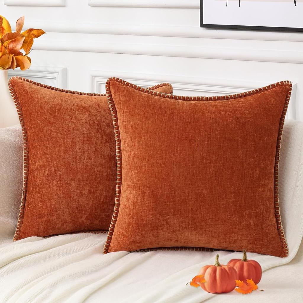 Chenille Soft Throw Pillow Covers  Spring Farmhouse Velvet Pillow Covers, Decorative Square Pillow Covers with Stitched Edge