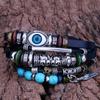 Retro Sunflower Evil Eye Beaded Multi-Layer Bracelet, Punk Ethnic Style with Turquoise Leather