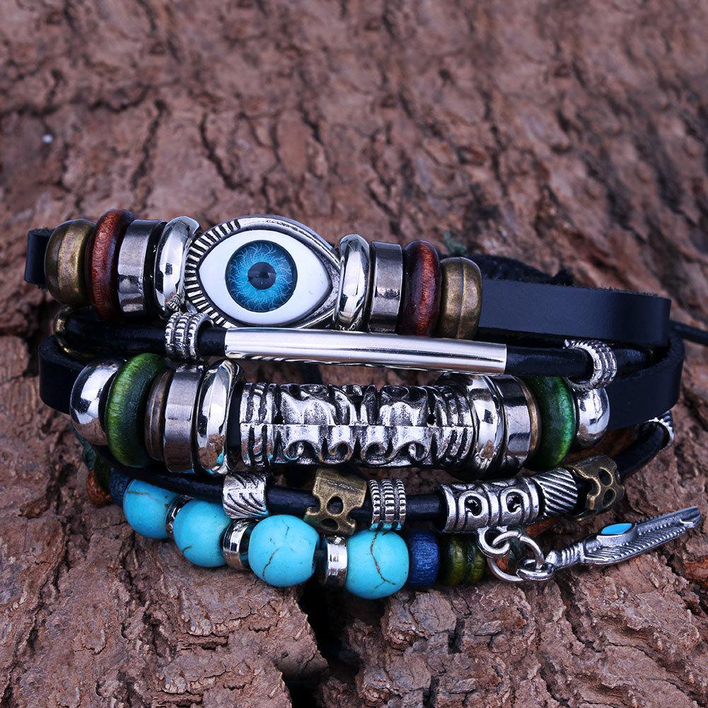 Retro Sunflower Evil Eye Beaded Multi-Layer Bracelet, Punk Ethnic Style with Turquoise Leather