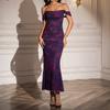 Fishbone mesh pleated dress European and American sexy backless one-word shoulder tight hip-wrapped dress long dress