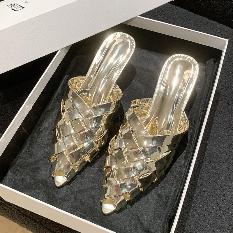 Fashion Summer Women Slipper Fashion Weave Pointed Toe Slip On Ladies Mules Shoes Flat Heel Sandal Shoes Dress Slides Mujer