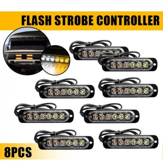 8X 6LED Side Amber/White Emergency Beacon Truck Warn Hazard Flash Strobe Light