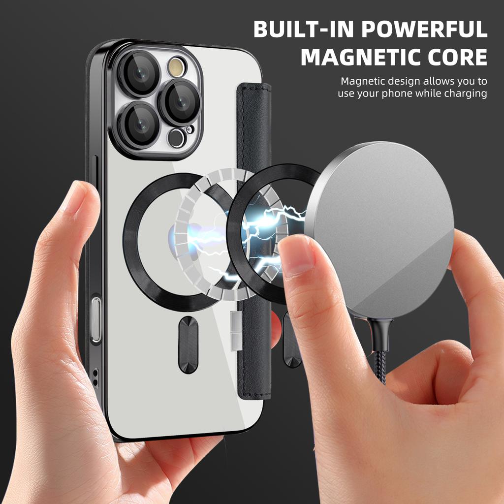 For iPhone 16 Pro Max Magnetic Case Card Slots RFID Blocking Leather Phone Cover