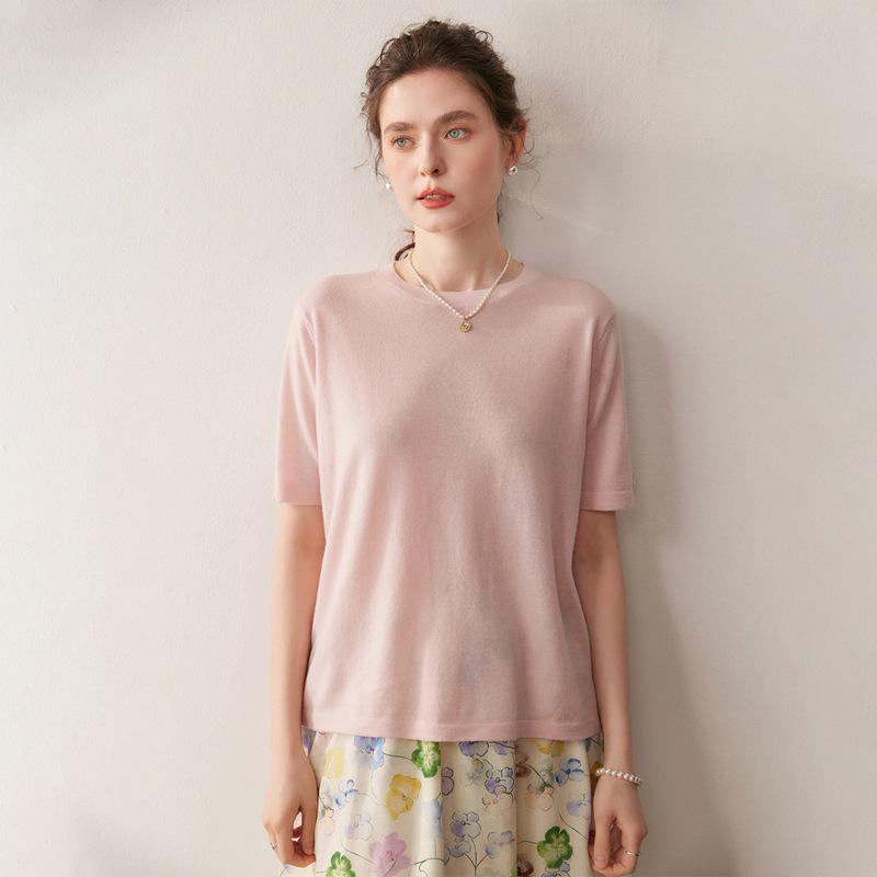 Women's 100% Wool Short Sleeve Round Neck Sweater - Casual, Versatile Solid Color Autumn Pullover