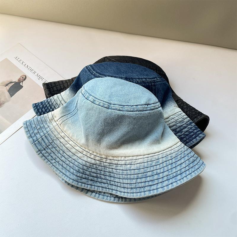 Japanese Tie-Dye Contrasting Color Washed Denim Fisherman Hat Children'S Spring And Summer Retro Basin Hat Outdoor Sunscreen Visor