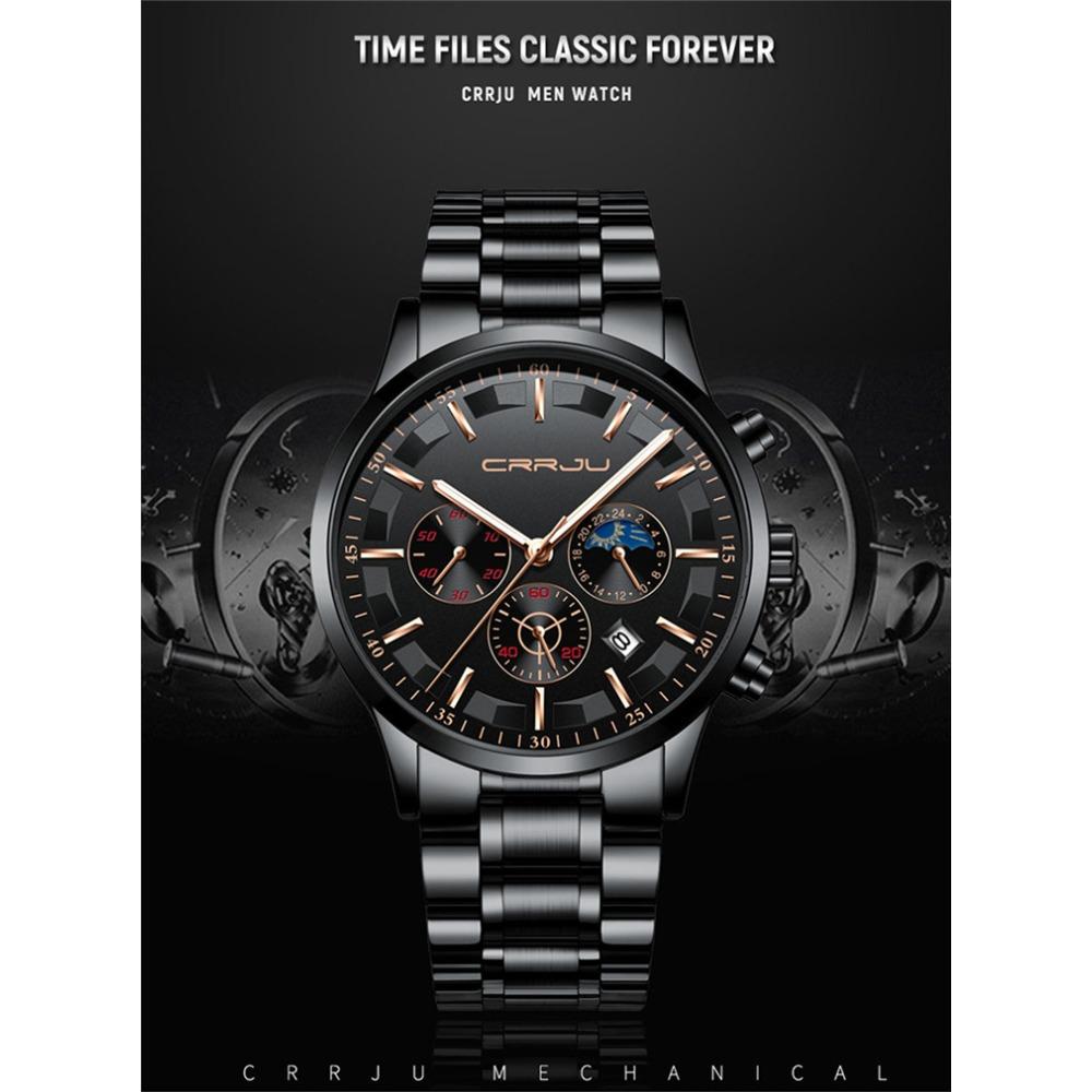CRRJU Nové pánské sportovní hodinky s ocelovým páskem Móda Business Šestipinový multifunkční chronograf