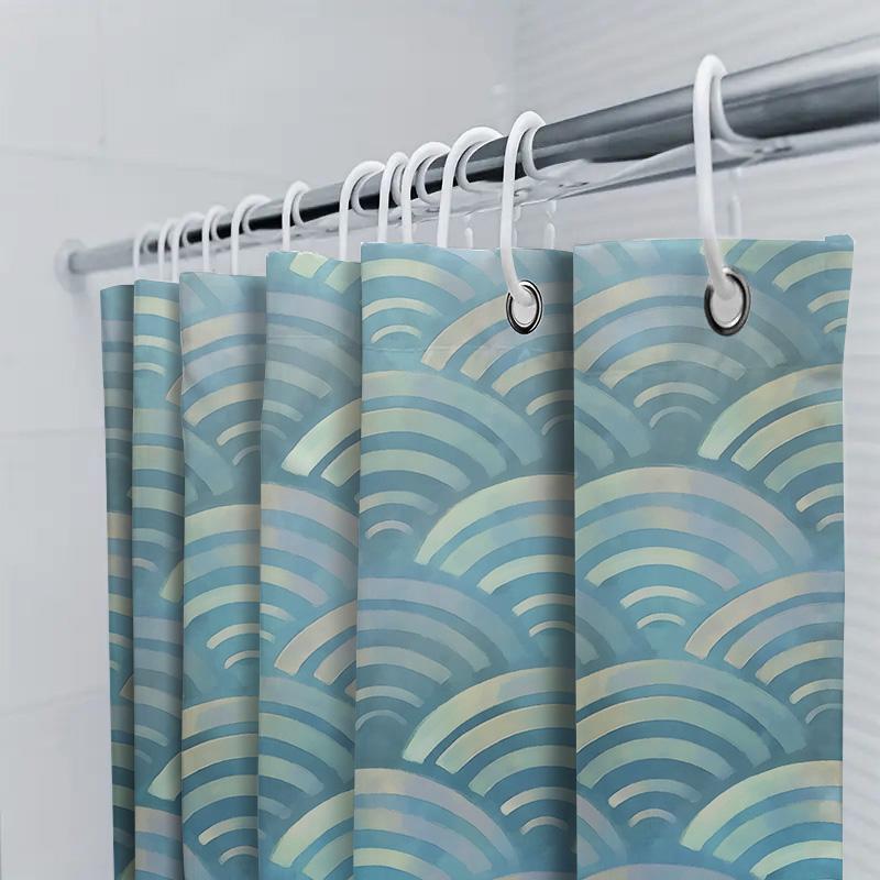 Modern Home Decor Shower Curtain Wavy Waves Pattern In Soft Blue Green Colors For Bathrooms Printed Waterproof Fabric Easy Insta