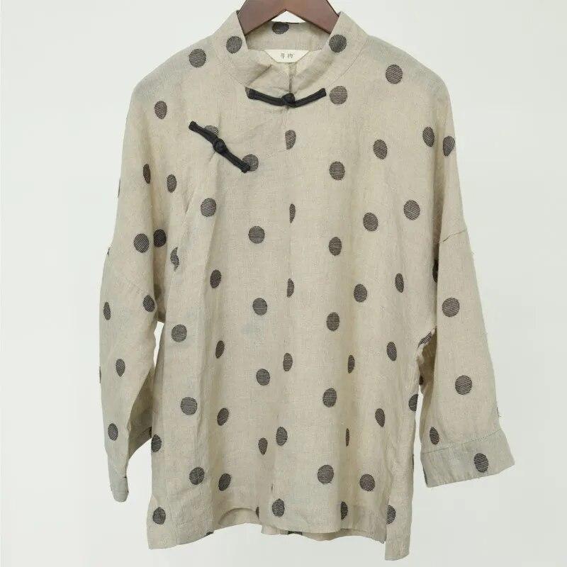 Johnature Women Vintage Linen Shirts Polka Dot Stand Long Sleeve Tops Spring Chinese Style Button Blouses