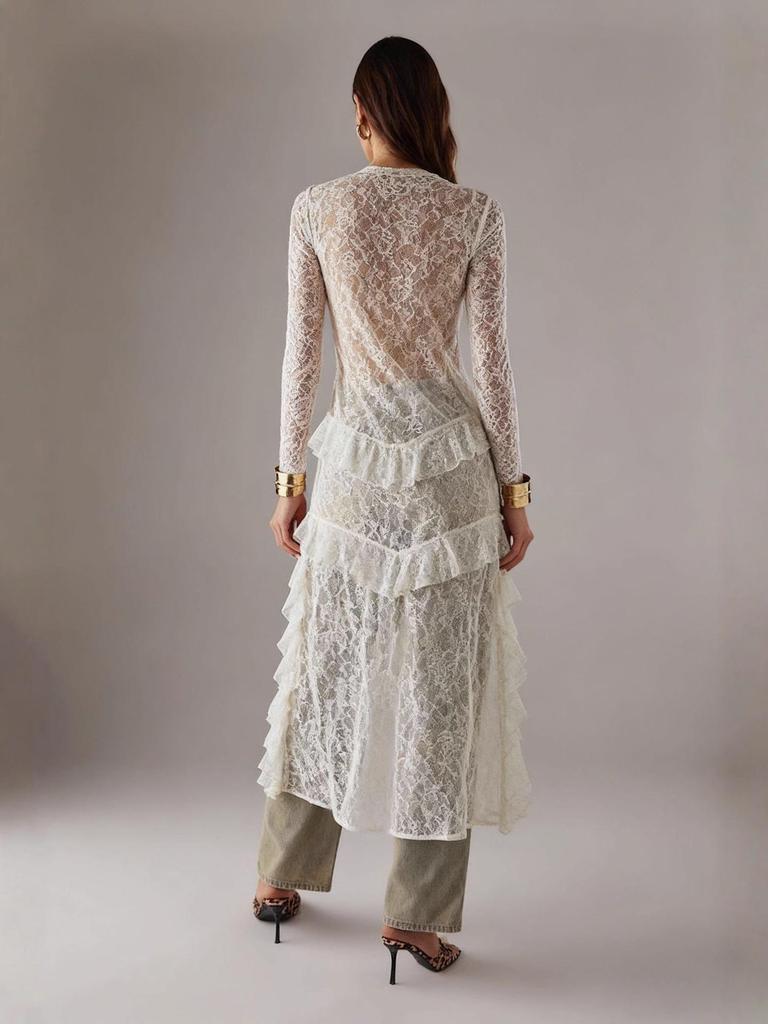 Elegant Resort-Style Lace Cover-Up Dress with Flowing Ribbons