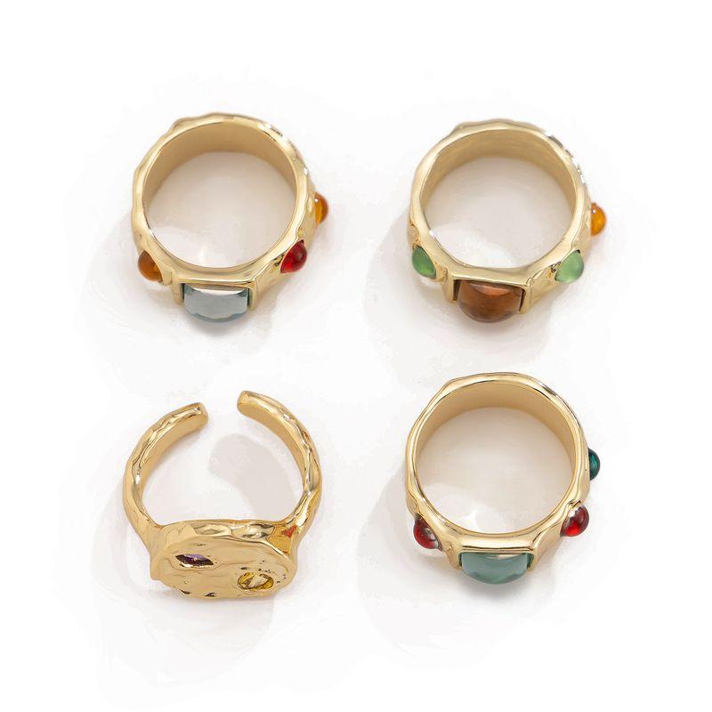 

4-Piece Set of Colorful Gemstone Rings, European and American Winter Trendy Light Luxury Niche Design Photo Shoot Accessories Light Gold