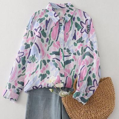 Color Ink Shirt Summer Retro Autumn Lightweight Breathable Long-sleeved Printed Shirt Women's Top