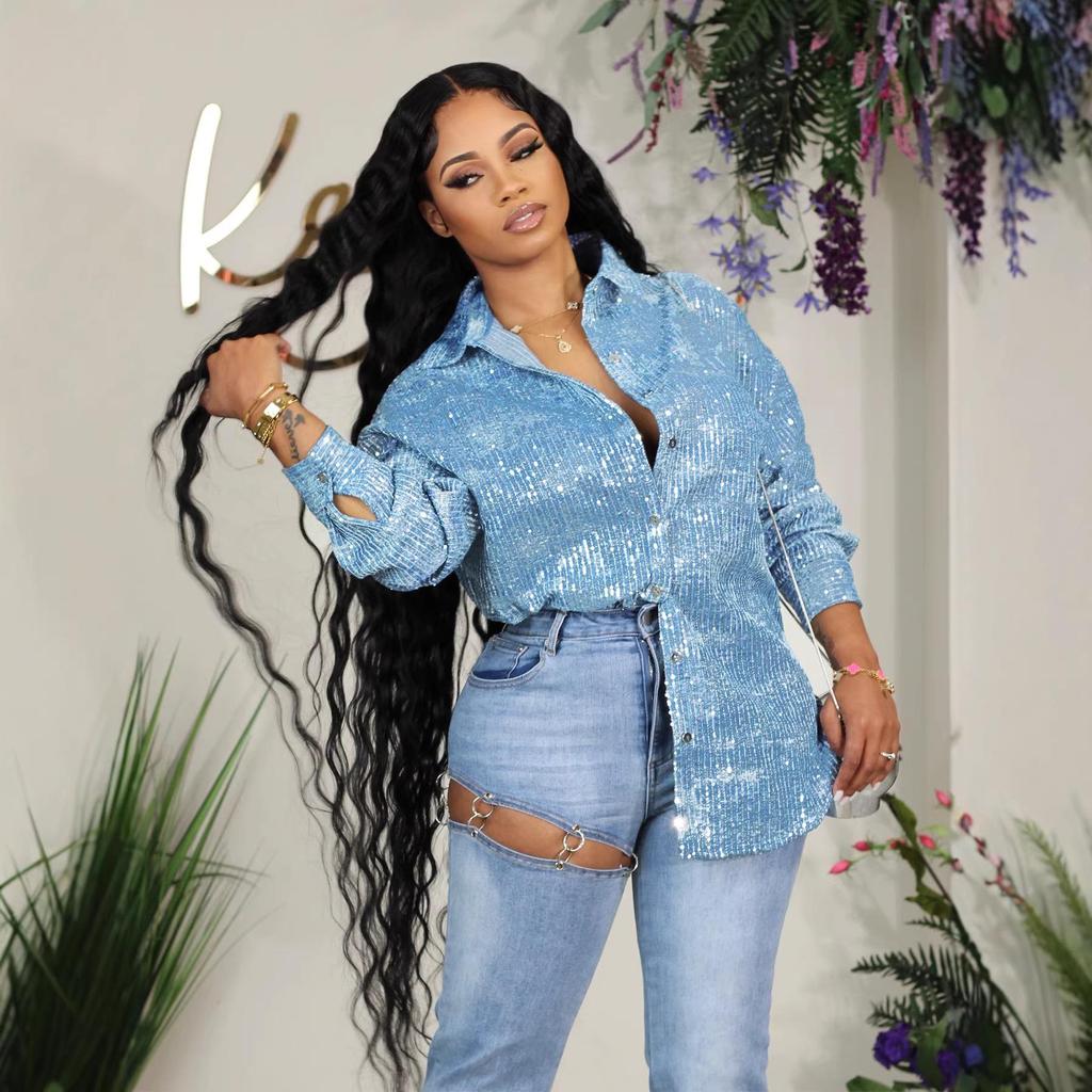 Autumn/Winter Versatile Suede Lapel Shirt with Sequins and Beads