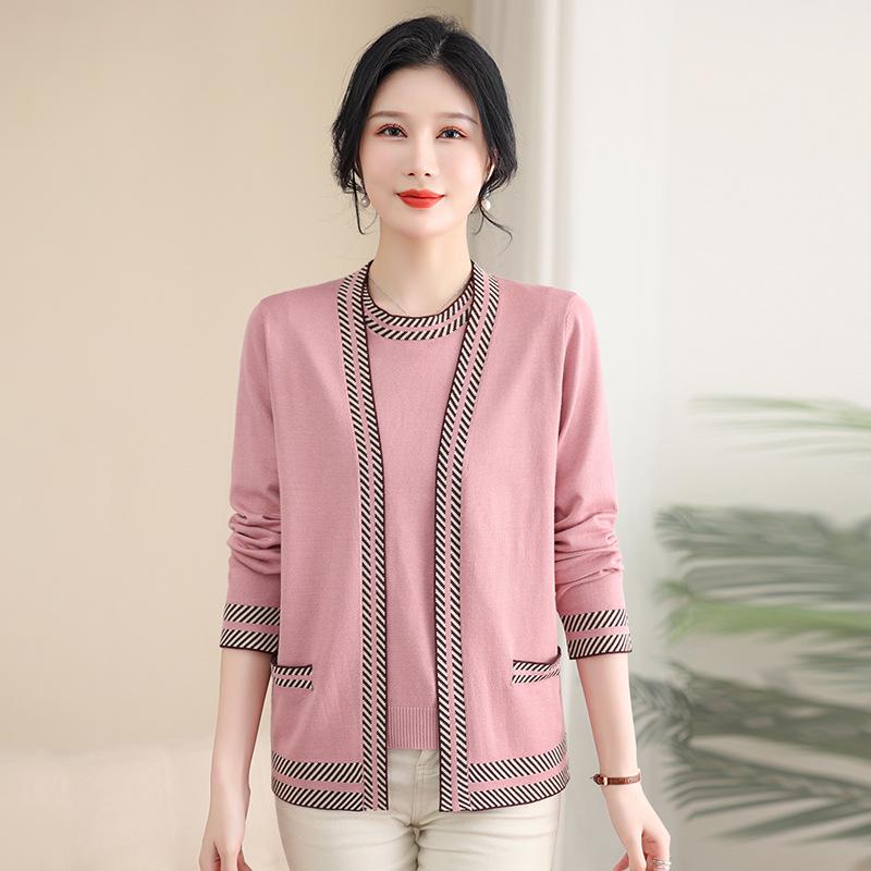 

Mom s Two-Piece Cardigan Set for Middle-Aged Women: Spring & Autumn Style 4XL (135-150 jin) розовый